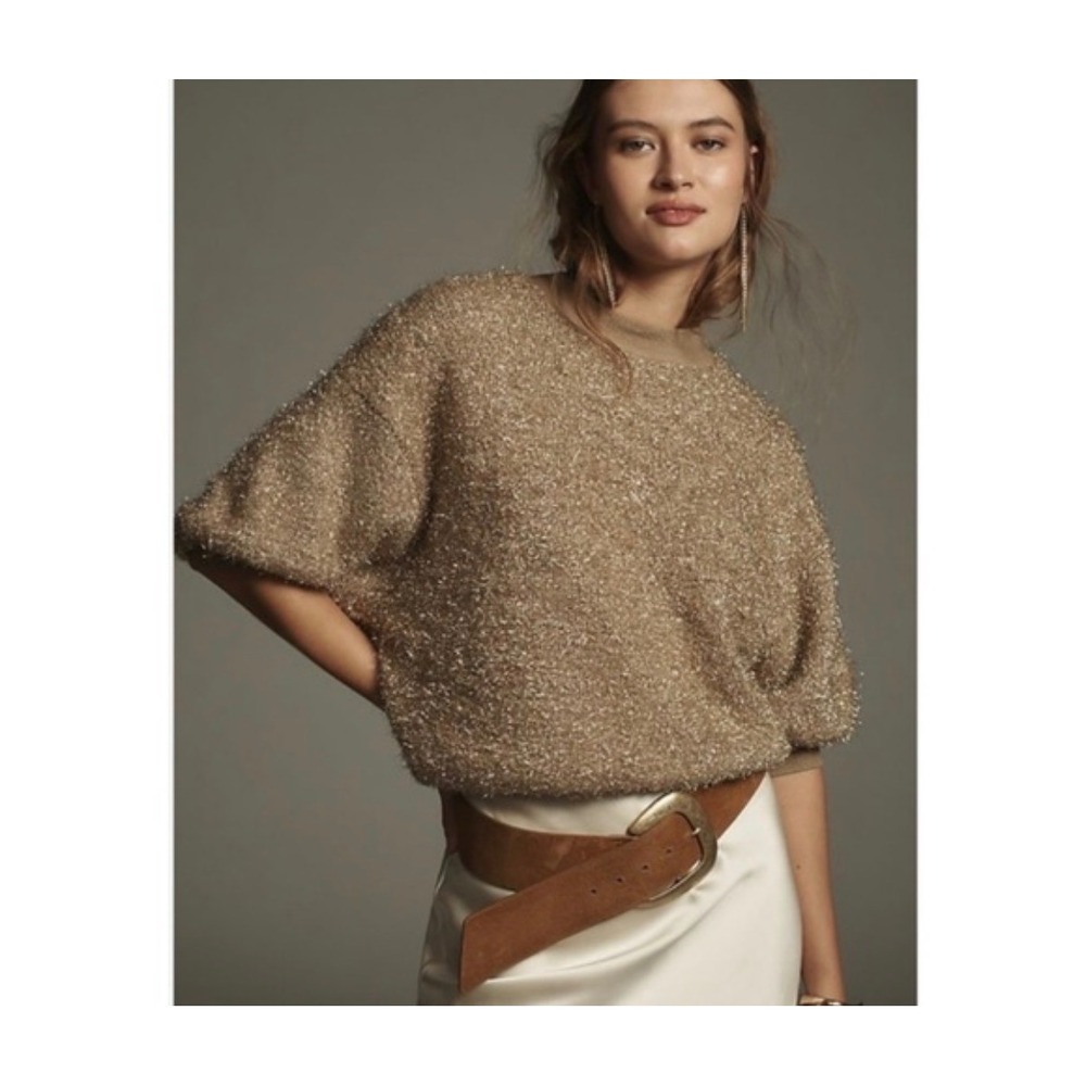 Maeve Violette Tinsel Sweater Gold Metallic Puff Sleeve Small Cutout Back